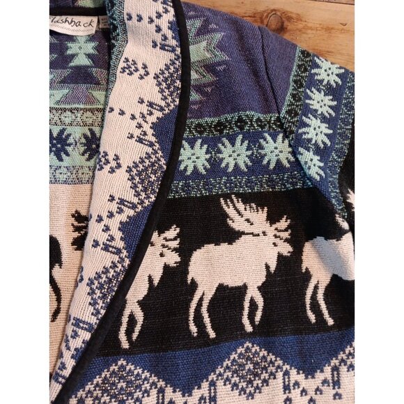 Vtg Flashback Southwest Moose Tapestry Jacket Womens S Aztec Blue Coat Blanket - Picture 2 of 5